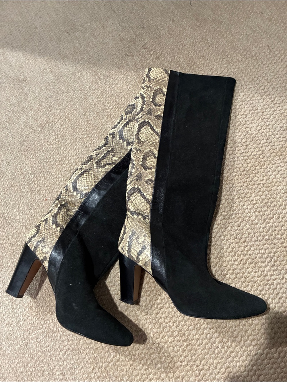 Zara Black Suede Knee Boots with Snake-Print Panel
